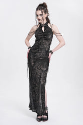 Robe gothique noire pour femme à épaules dénudées, col halter, sans manches, avec fente latérale